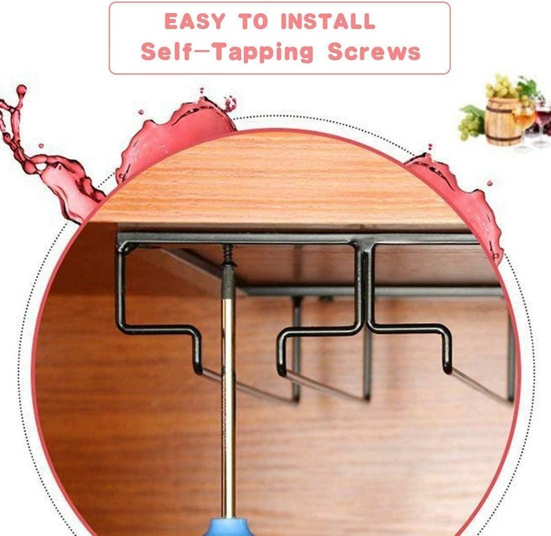 FOMANSH Wine Glass Rack Under Cabinet - Stemware Holder Metal Wine Glass Organizer Glasses Storage Hanger for Bar Kitchen Brown 4 Rows - Image 3
